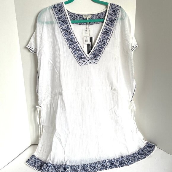 Joie Tunic Beach Dress Coverup M/L White V-Neck Blue Embroidered Cotton Summer - Picture 2 of 11